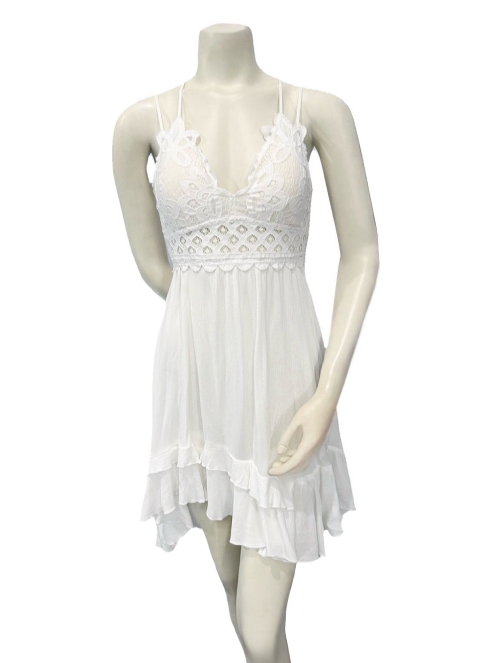 Blue B White Boho Lace Hi Low Dress Women’s L White Flowy Festival Mini Dress